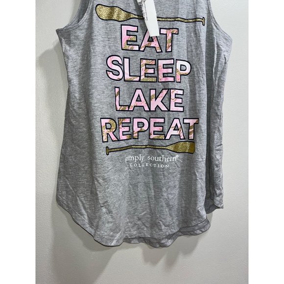 SIMPLY SOUTHERN "EAT SLEEP LAKE REPEAT" WOMEN'S GRAY GLITTER GRAPHIC TANK TOP SM - Picture 5 of 6